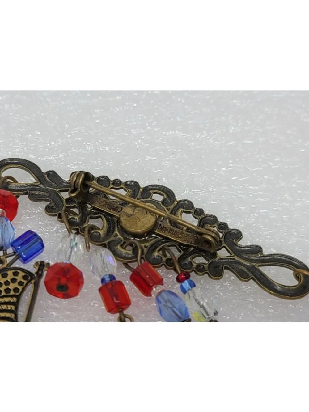 Vintage Bar Pin Brooch w/ Dangling Charms Heart Hat American Flag
